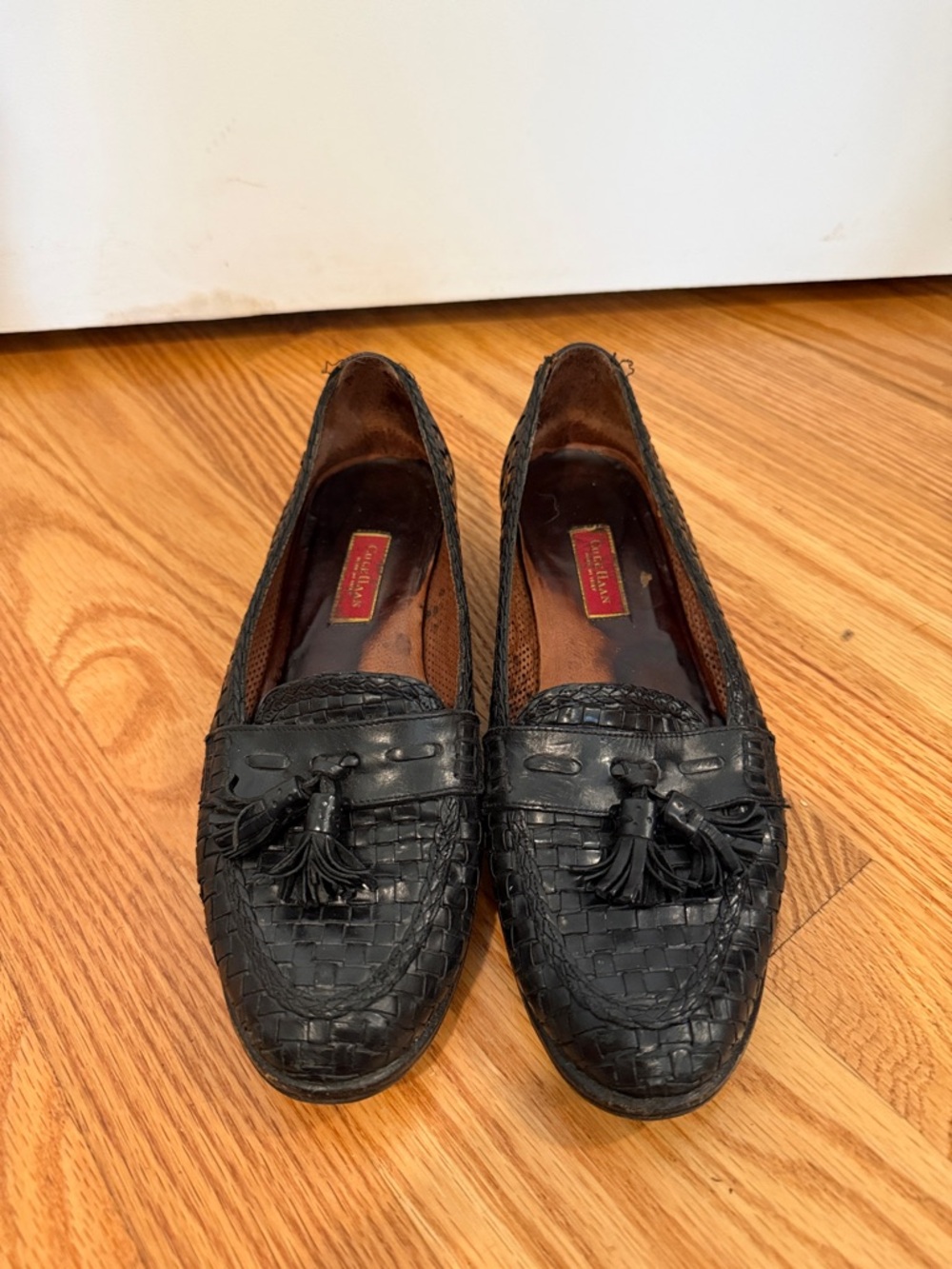 Cole Haan Black Woven Leather Tassel Loafers - Women's
